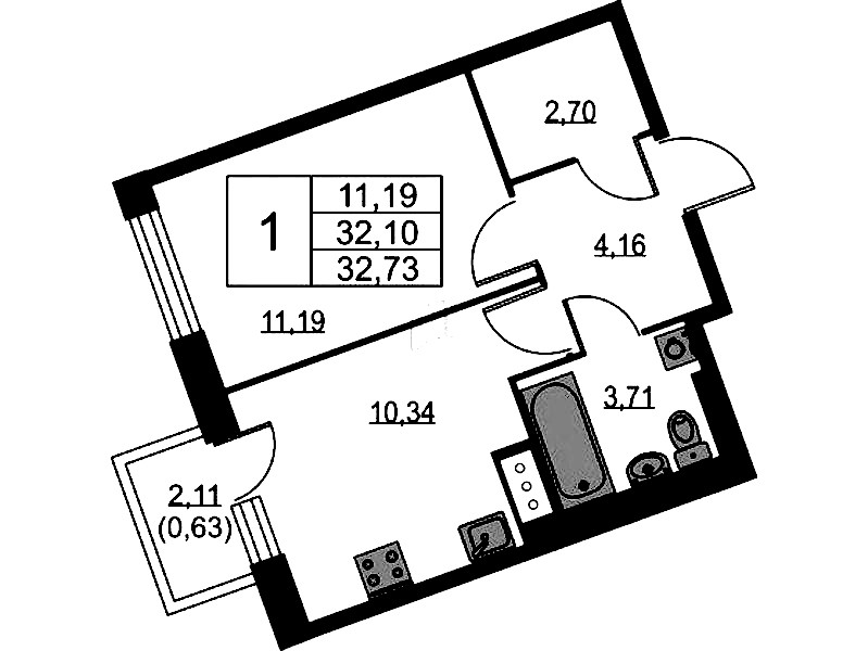 1-комнатная квартира 32.73 м², 3/9 эт., ЖК «Квартал Лаголово»